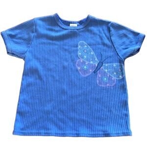 Healthtex Girls Blue Ribbed Knit Top with Butterfly Size 6 Vintage Y2K